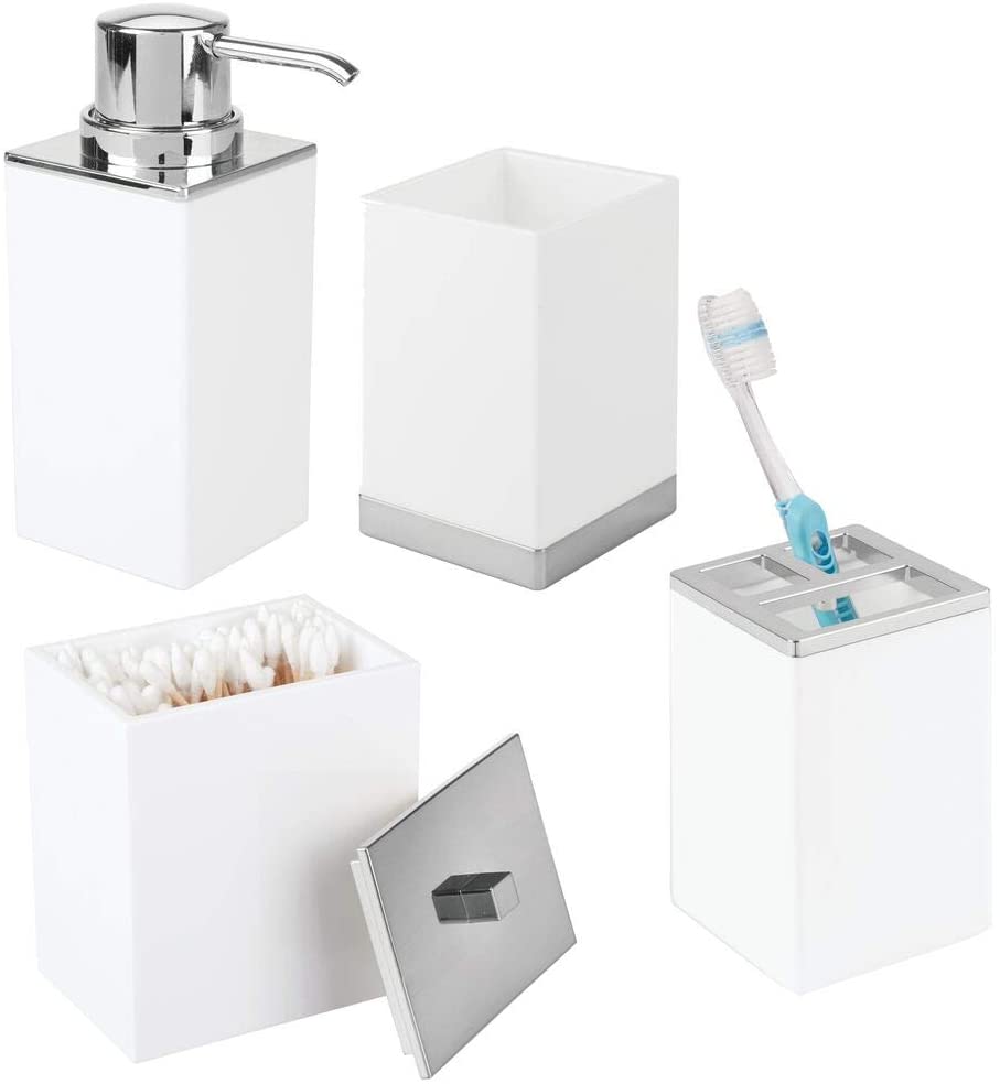 iDesign accessori bagno portaspazzolini contenitore cotone e vassoio blu Set da 4 in plastica composto da dispenser sapone 24,5 cm x 8,9 cm x 16,2 cm 
